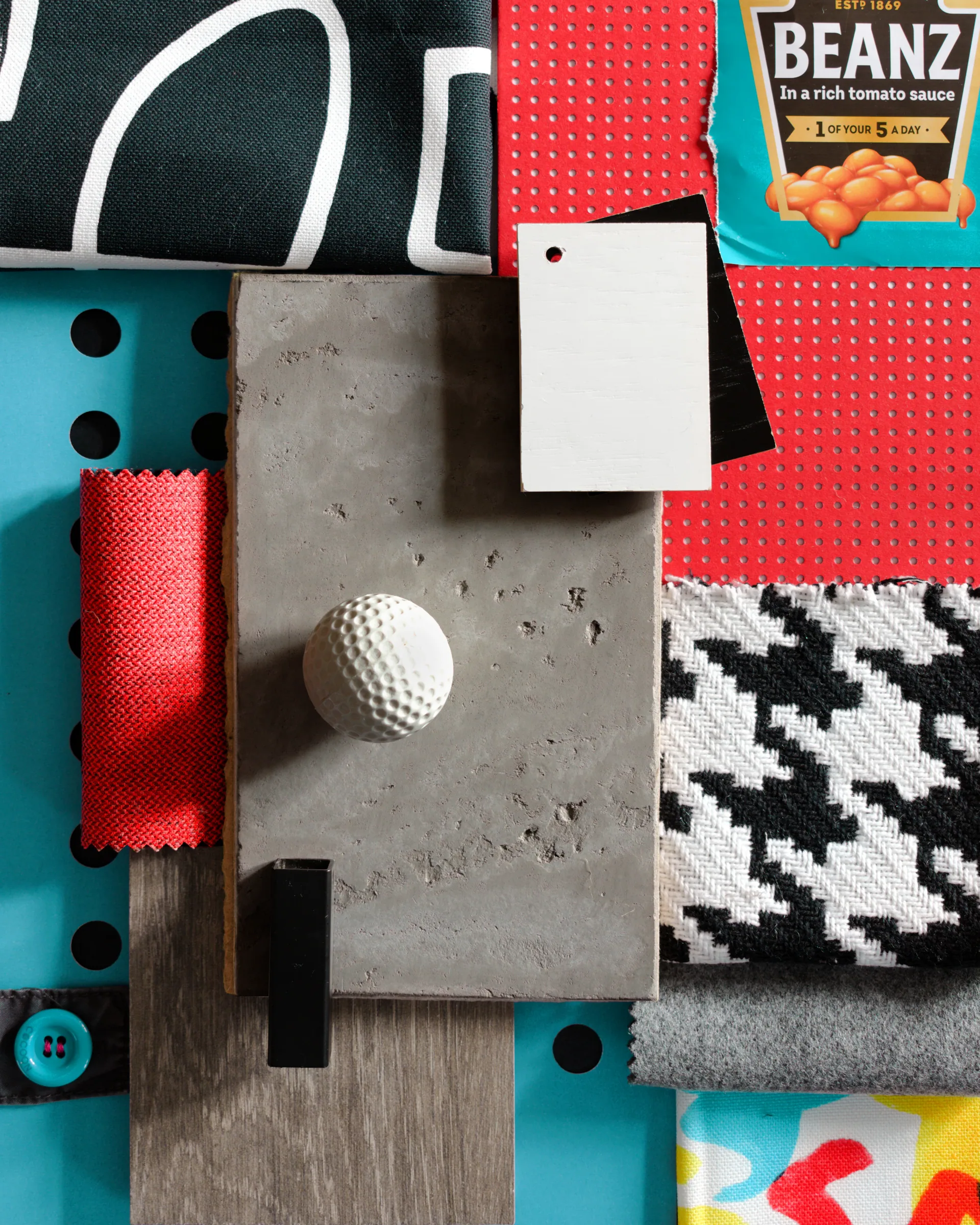Fabric and finish sample board prepared for an interior sourcing project brief