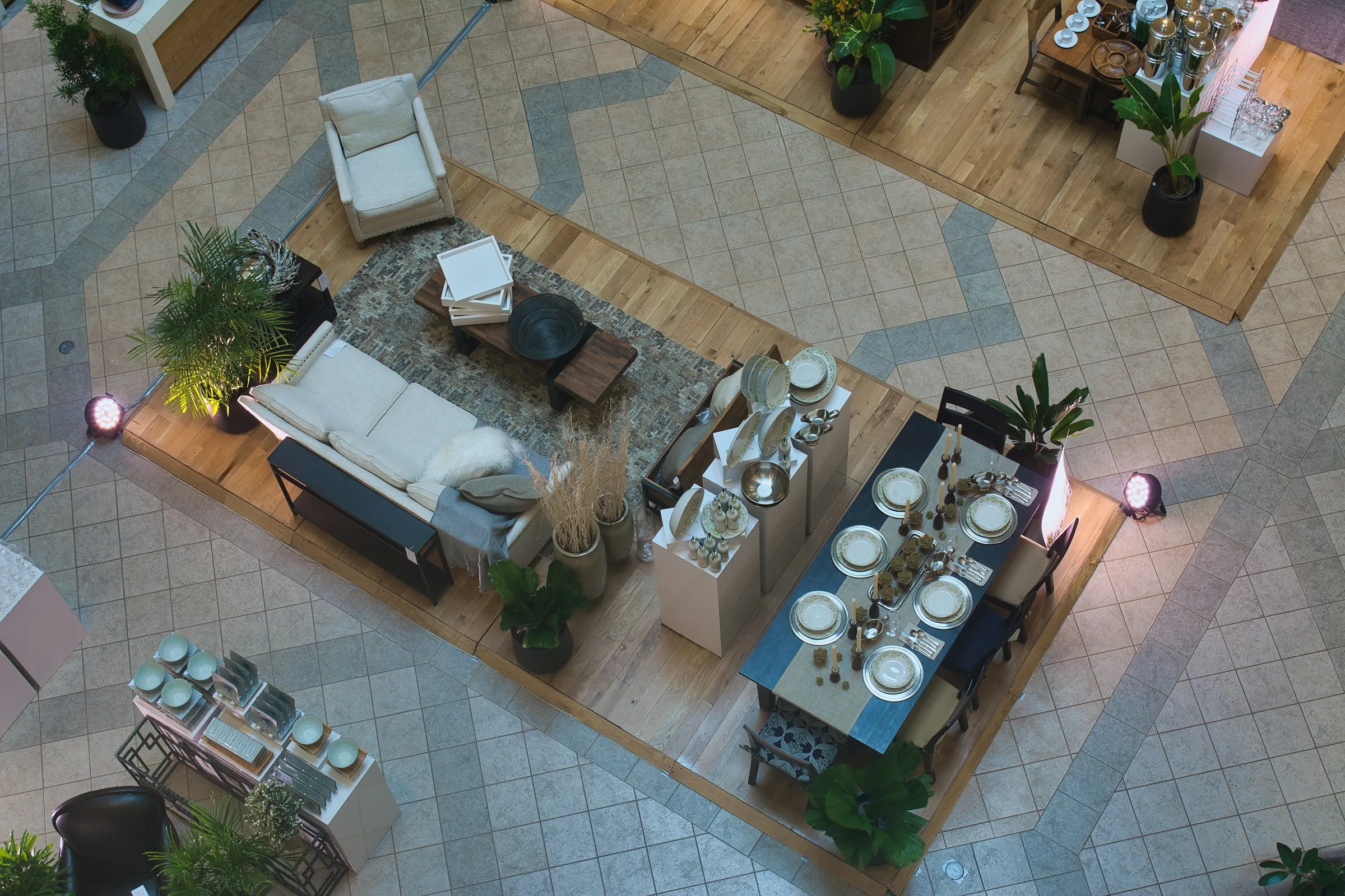 Furniture showroom display with coordinated living and dining products