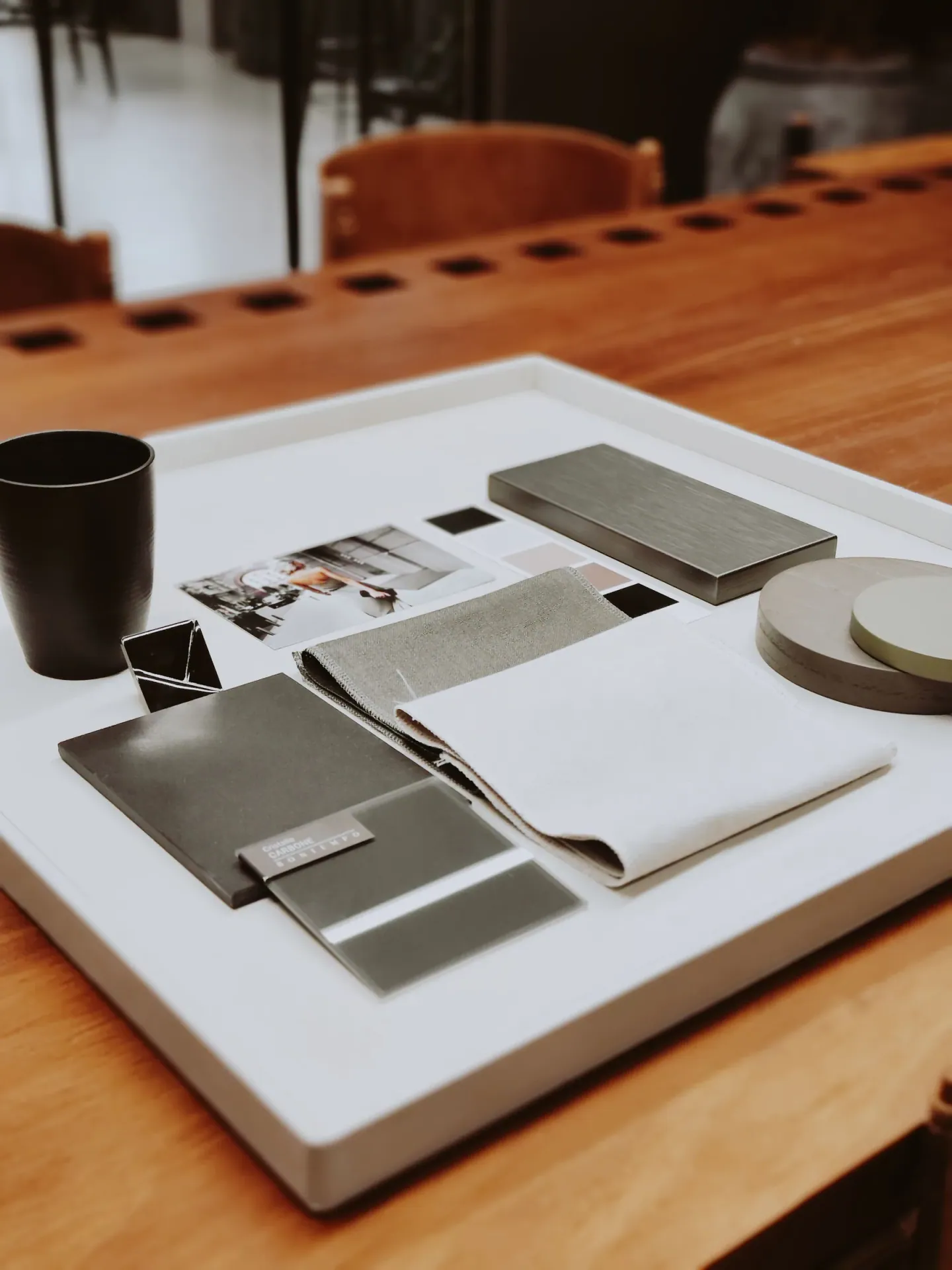Fabric and interior finish samples arranged for designer approval and supplier quotation