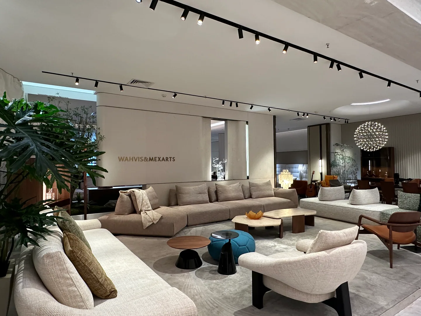 Luxury living room furniture display in a Foshan showroom